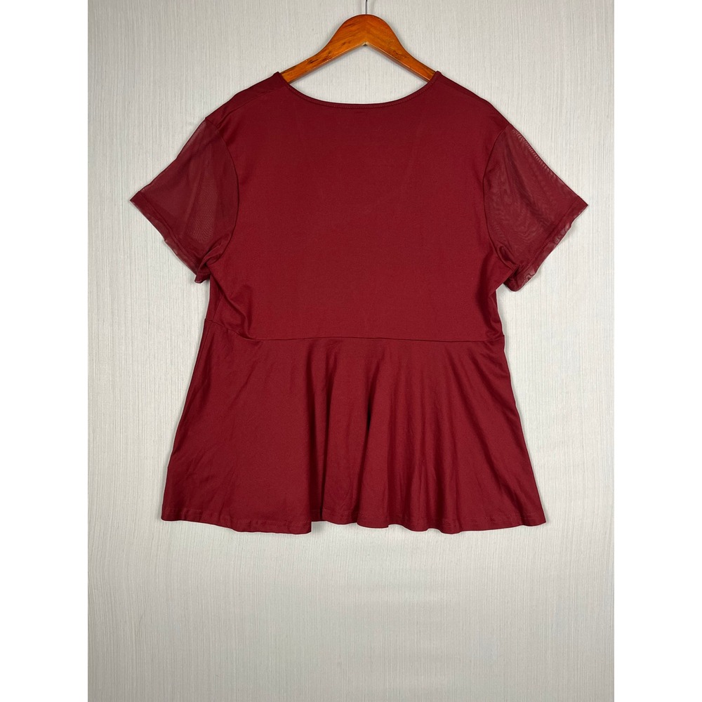 Peplum Top Women 3XL Burgundy Mesh Sleeve Lattice V-Neck Babydoll Goth Romantic - Picture 5 of 9
